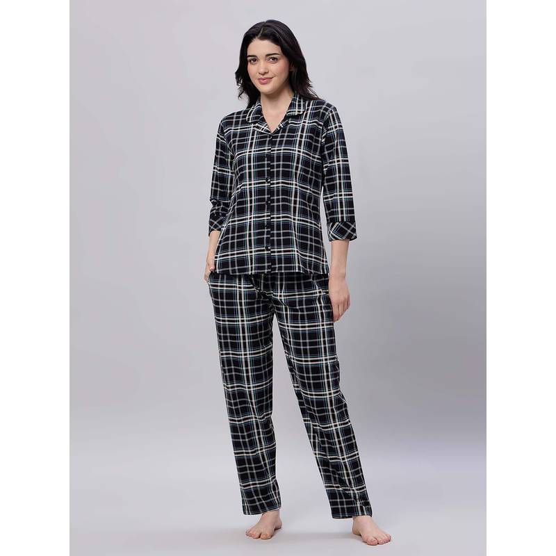 LOTIK Women's Cotton Black Checks Printed Full Sleeve Nightsuit (S)