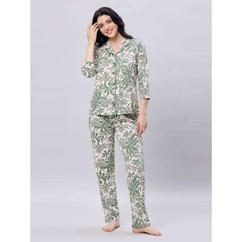 LOTIK Women's Cotton Green Floral Printed Full Sleeve Nightsuit (S)