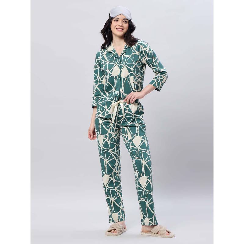 LOTIK Women's Cotton Green Printed Full Sleeve Nightsuit (S)