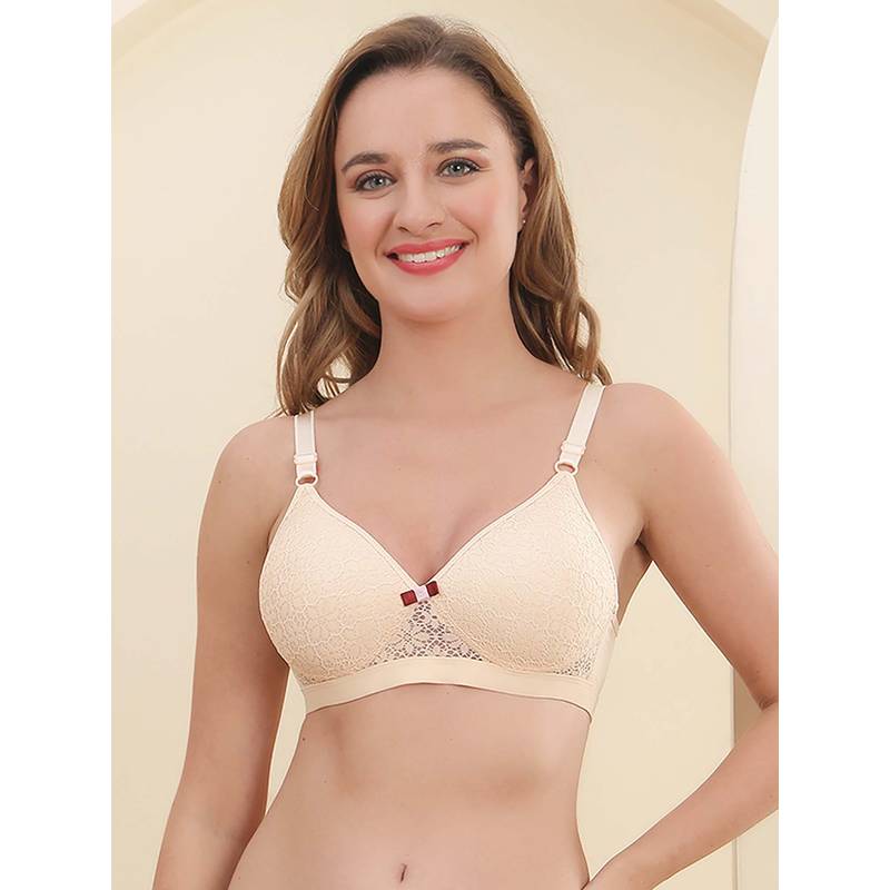PrettyCat Women's Lightly Padded Non-Wire Lace T-Shirt Bra - Beige (30B)