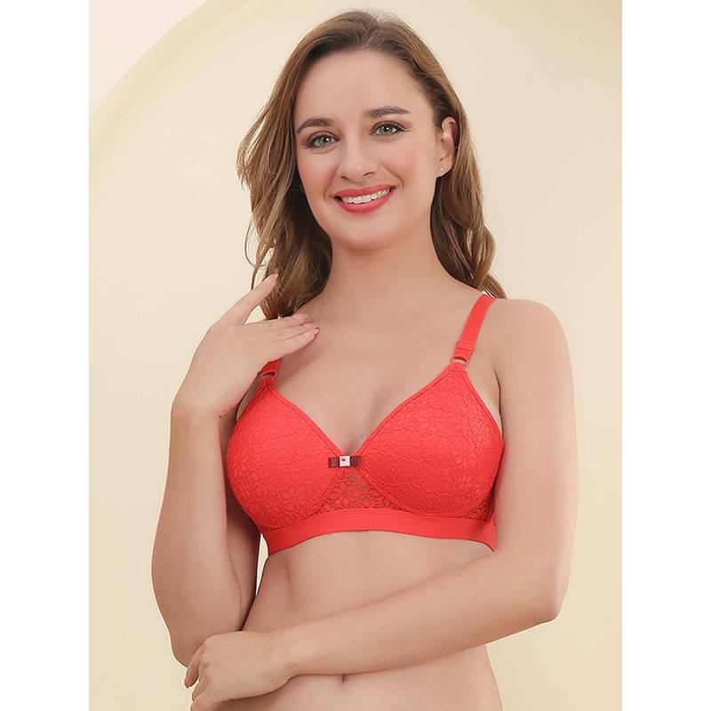 PrettyCat Women's Lightly Padded Non-Wire Lace T-Shirt Bra - Red (30B)