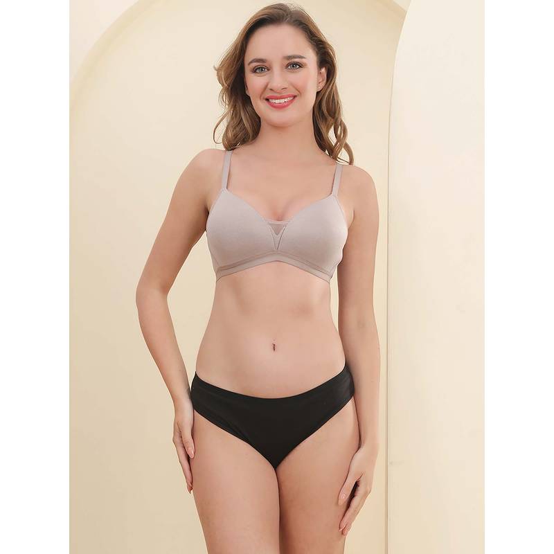 PrettyCat Women's Lightly Padded T-Shirt Bra and Panty Lingerie - Grey (30B)