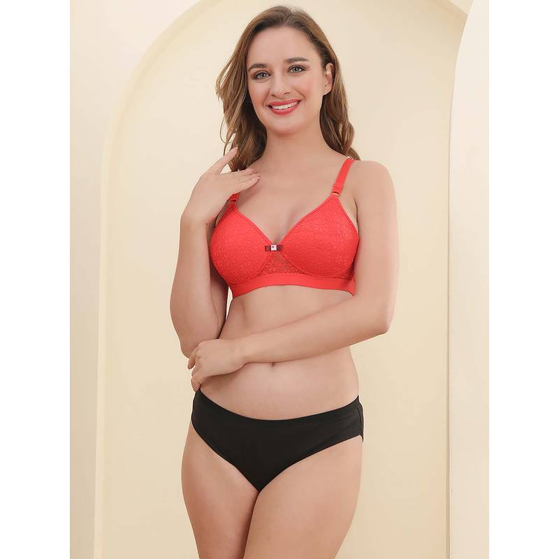 PrettyCat Women's Lightly Padded Lace T-Shirt Bra and Panty - Red (30B)
