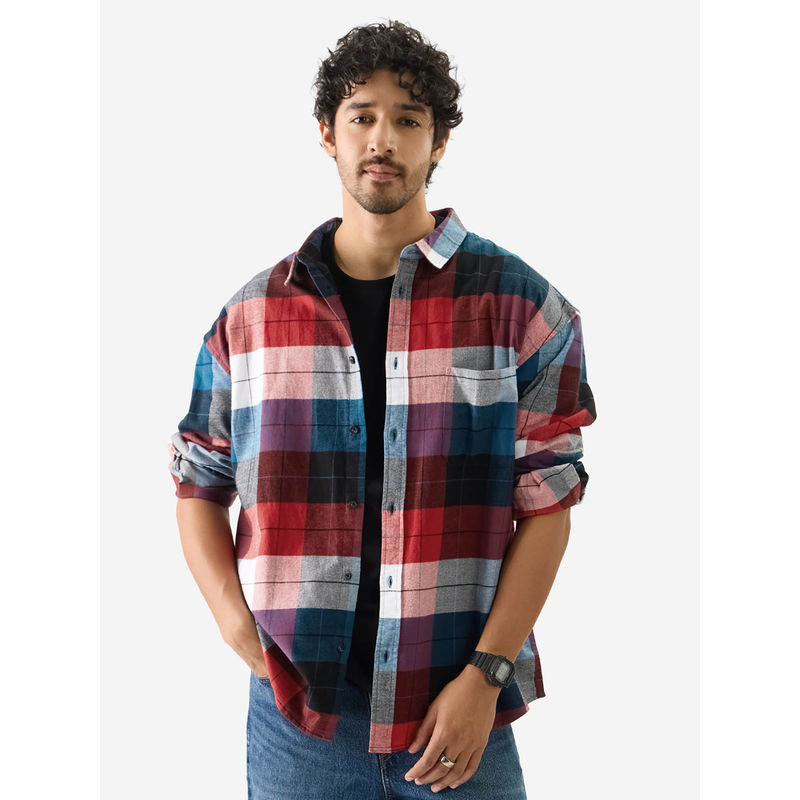 The Souled Store Plaid: Black, Blue and Red Men Relaxed Shirt (M)