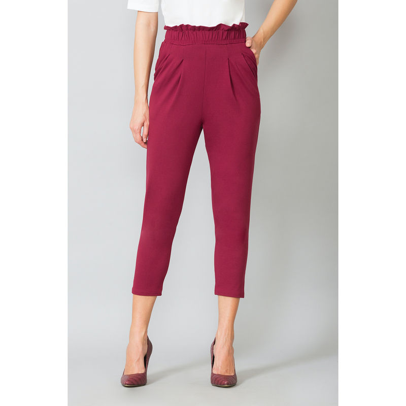 Van Heusen Women Athleisure Ruffled Waistband & Ultra Soft Ruffle Pants - Wine (XS)