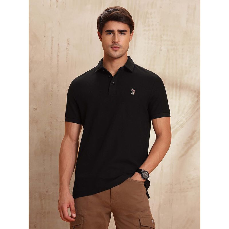 U.S. Polo Assn. Denim Co. Mens Textured Pure Cotton Polo Shirt - Black (M)
