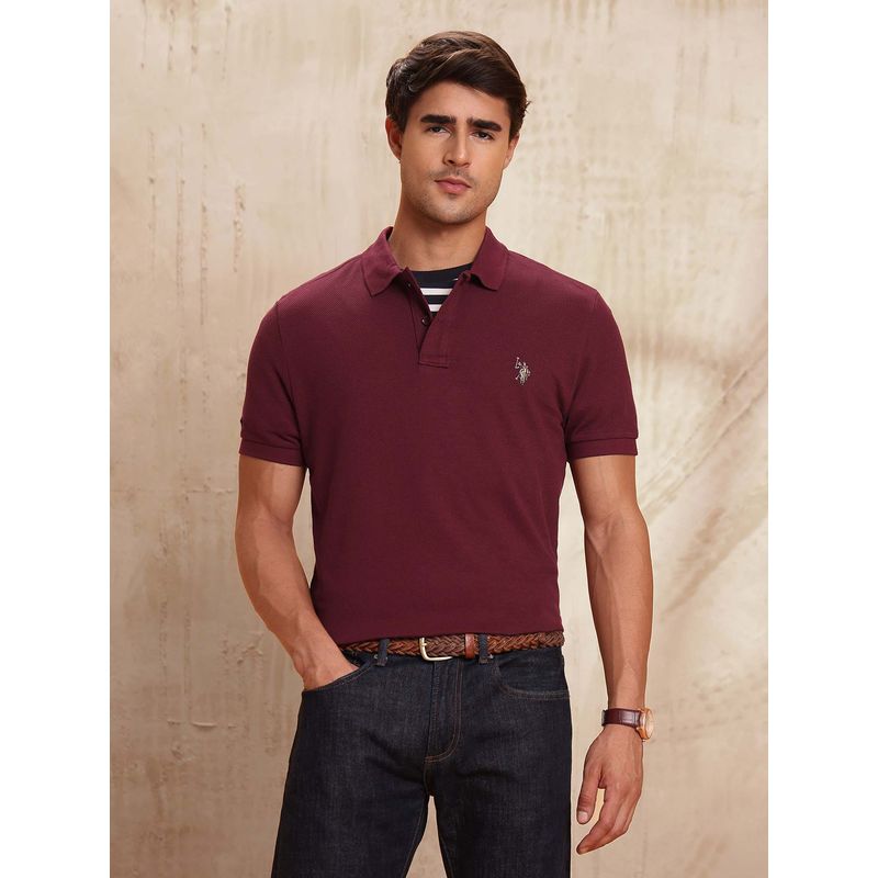 U.S. Polo Assn. Denim Co. Mens Textured Pure Cotton Polo Shirt - Burgundy (L)