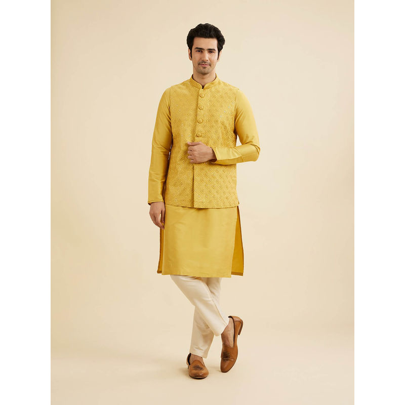 Manyavar Mustard Blended Viscose Kurta with Jacket & Pyjama (Set of 3) (M)