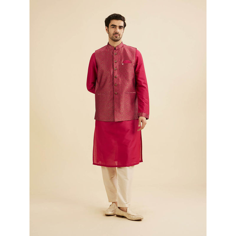 Manyavar Rani Pink Brocade Kurta with Jacket & Pyjama (Set of 3) (L)