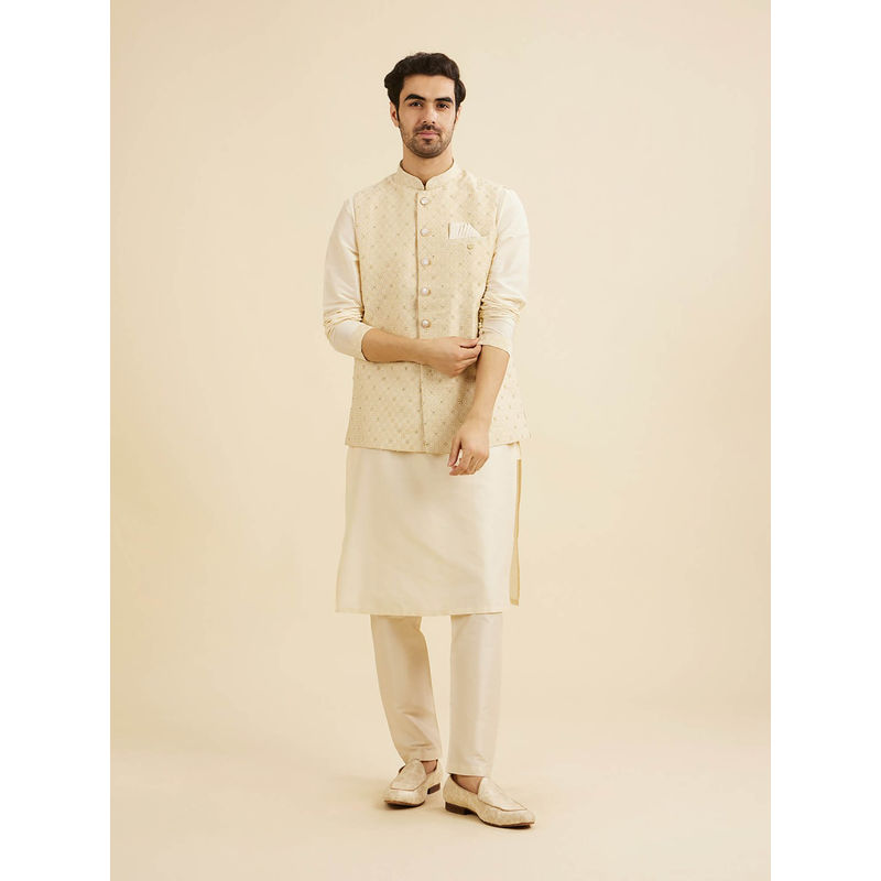 Manyavar Cream Brocade Kurta with Jacket & Pyjama (Set of 3) (L)