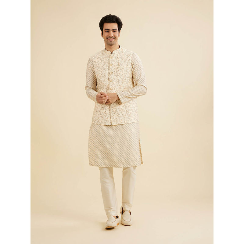 Manyavar Beige Blended Viscose Kurta with Jacket & Pyjama (Set of 3) (L)