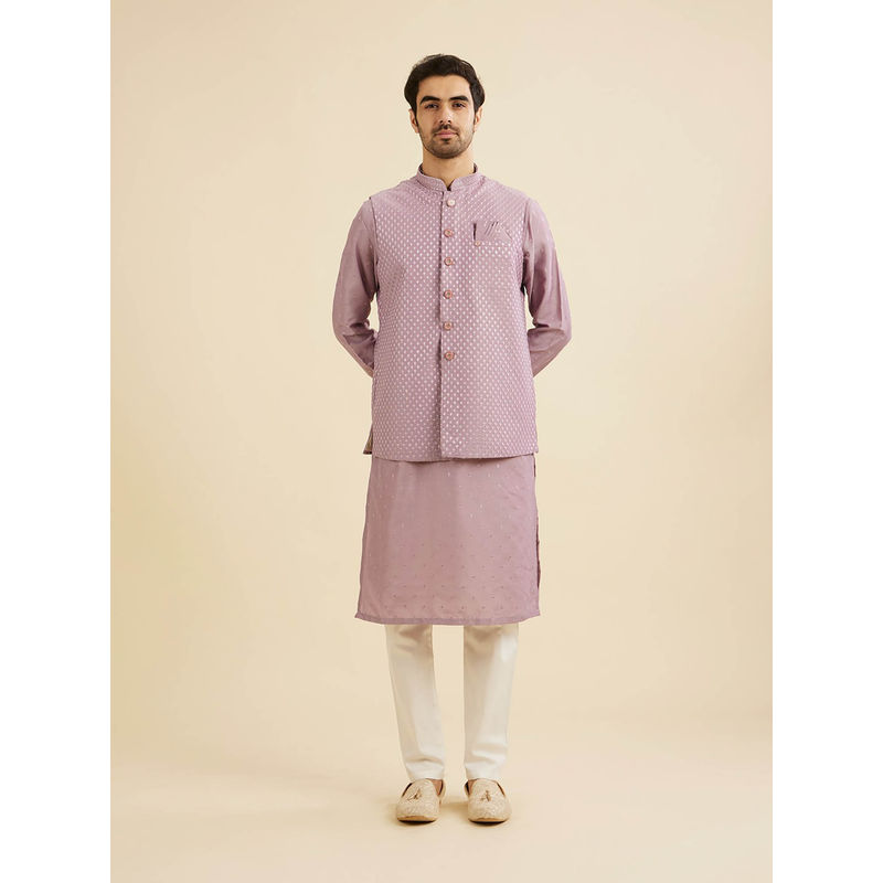 Manyavar Lilac Purple Art Silk Kurta with Jacket & Pyjama (Set of 3) (M)