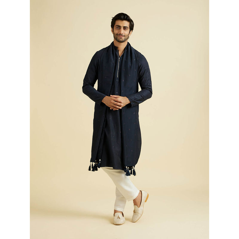 Manyavar Dark Blue Art Silk Kurta with Pyjama & Dupatta (Set of 3) (2XL)