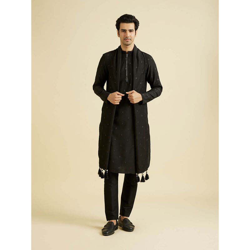 Manyavar Black Art Silk Kurta with Pyjama & Dupatta (Set of 3) (S)