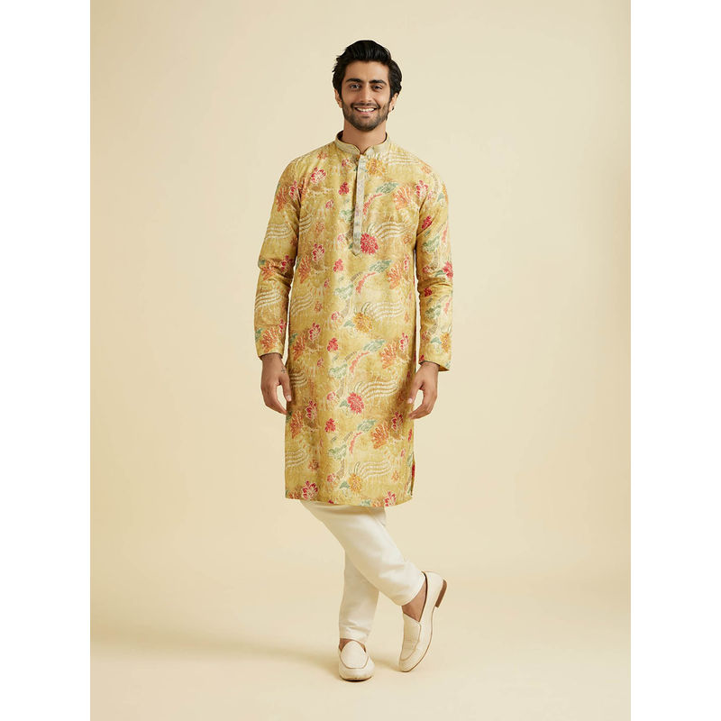 Manyavar Mustard Art Silk Kurta with Pyjama (Set of 2) (S)