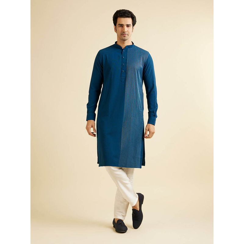 Manyavar Teal Blue Blended Rayon Kurta with Pyjama (Set of 2) (S)