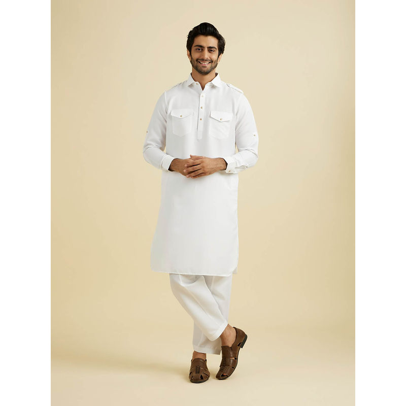 Manyavar White Blended Rayon Pathani Kurta with Churidar (Set of 2) (M)