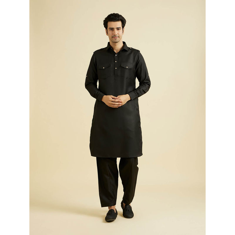 Manyavar Black Blended Rayon Pathani Kurta with Churidar (Set of 2) (L)