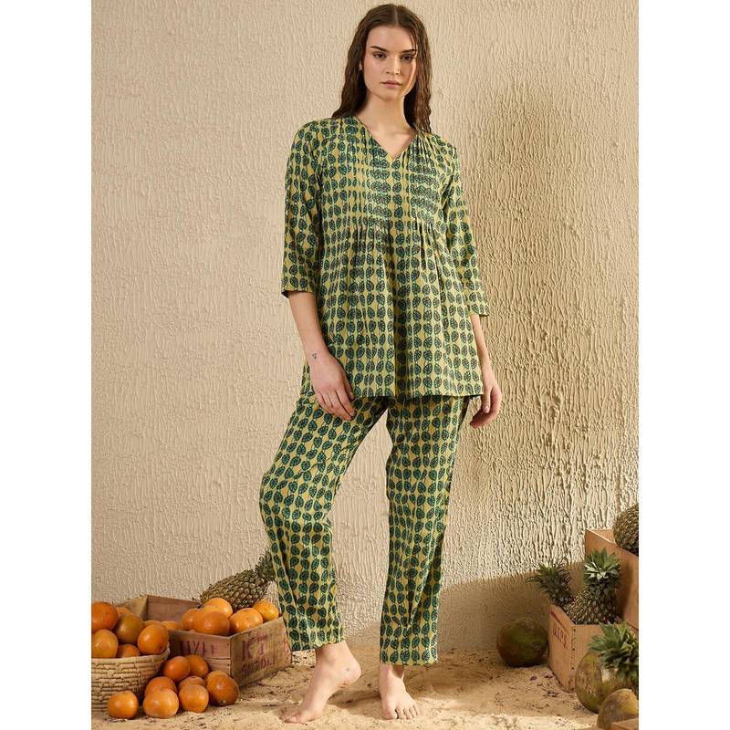 SANSKRUTIHOMES Women Yellow Printed Night Suit (Set of 2) (XS)