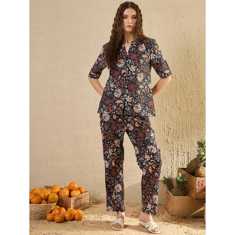 SANSKRUTIHOMES Women Black Floral Printed Night Suit (Set of 2) (XS)