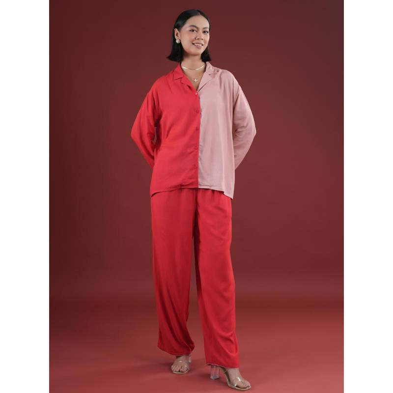 SANSKRUTIHOMES Women Solid Red Shirt and Pyjama Nightwear (Set of 2) (2XL)