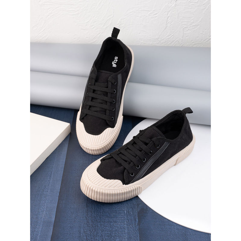 Styli Men's Black Low Top Canvas Lace Up Shoes with Piping (EURO 43)