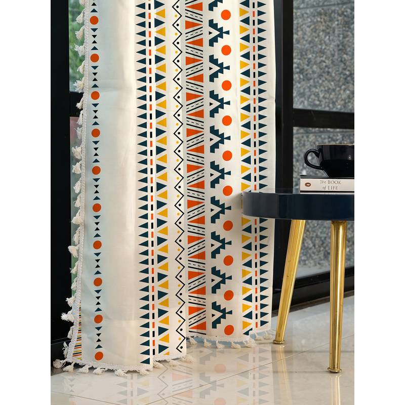 Urban Space Cotton Window Curtains with Eyelets & Tieback 1 Piece Ikat Orange (4X5 Feet)
