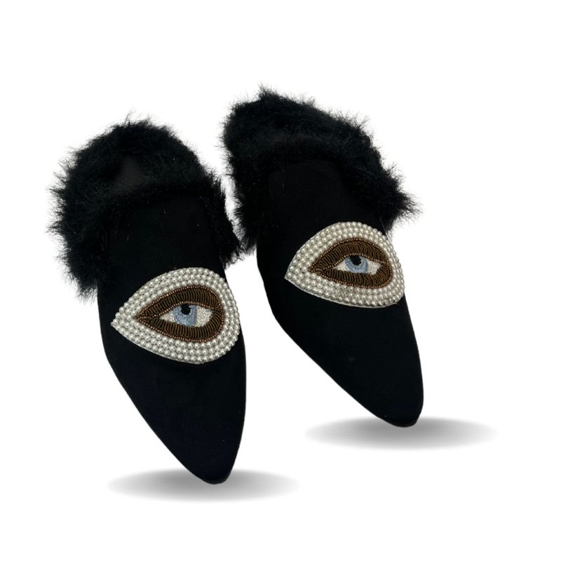 Zori World Nazar -Embroidered Black Evil Eye Mules (EURO 35)