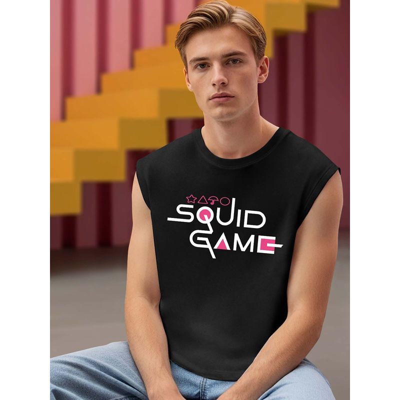 Bewakoof Men's Jet Black Squid Game Graphic Printed Oversized Vest (L)