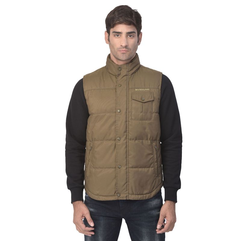 Buy WOODLAND Mens Solid Sleeveless Khaki Jacket Online