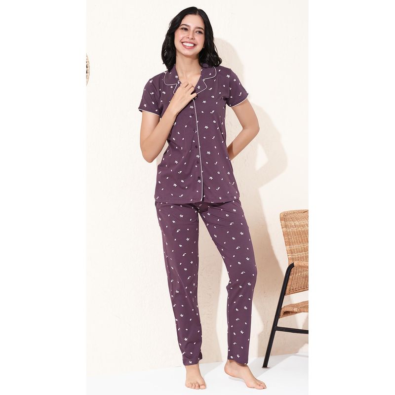 Quira Purple Printed Regular Shirt and Pyjama (M)