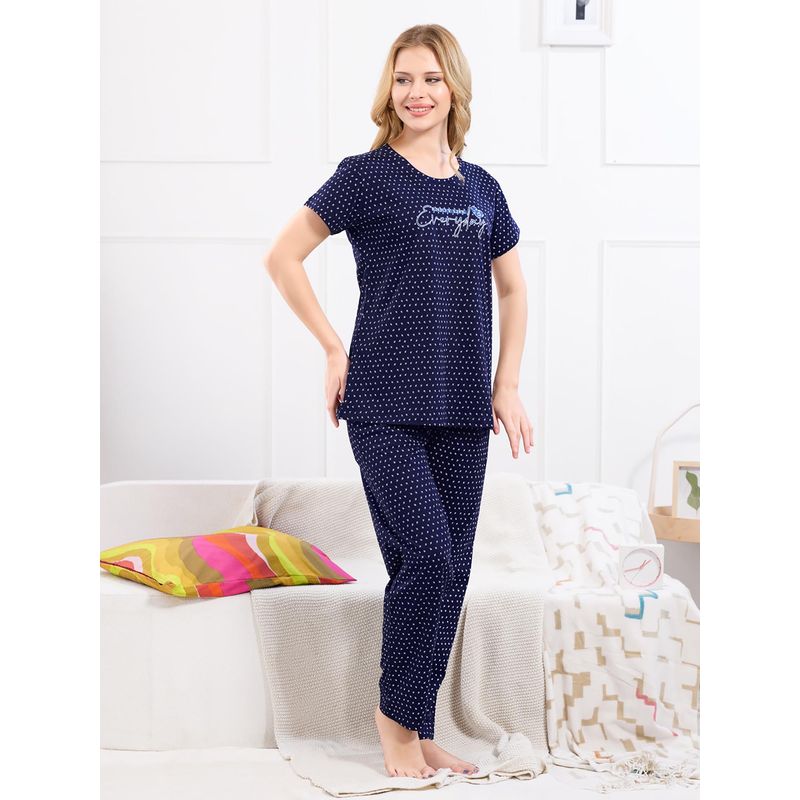 Quira Navy Blue Printed Regular T-Shirt and Pyjama (S)