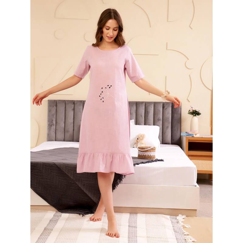 SANSKRUTIHOMES Pink Embroidered Regular Night Dress (S)