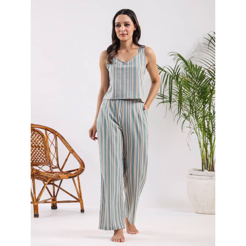 SANSKRUTIHOMES Green Stripes Regular Top and Pyjama (3XL)