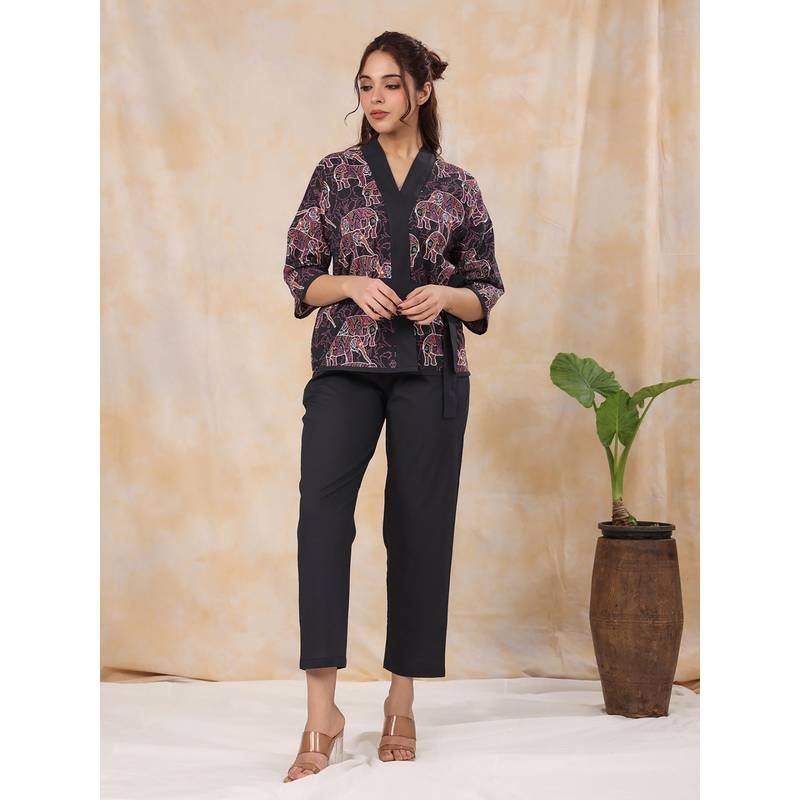 SANSKRUTIHOMES Black Printed Regular Top with Belt and Pyjama (M)