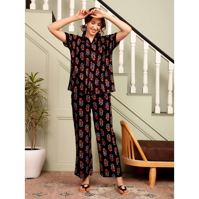 SANSKRUTIHOMES Black Ethnic Regular Shirt and Pyjama (2XL)