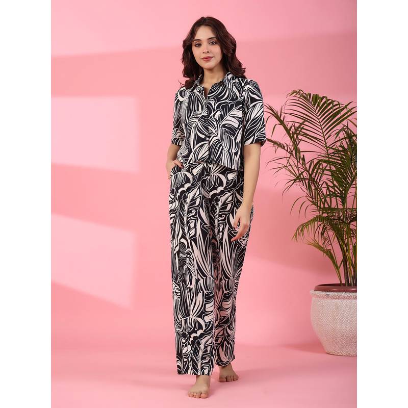 SANSKRUTIHOMES Black Printed Regular Shirt and Pyjama (S)