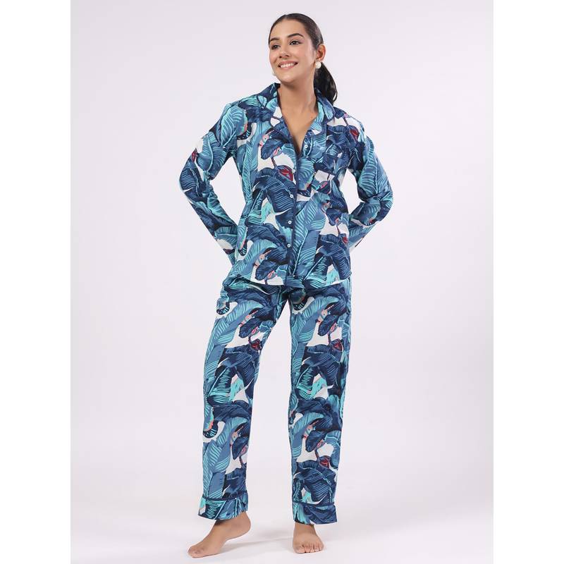 SANSKRUTIHOMES Teal Floral Regular Shirt and Pyjama (3XL)