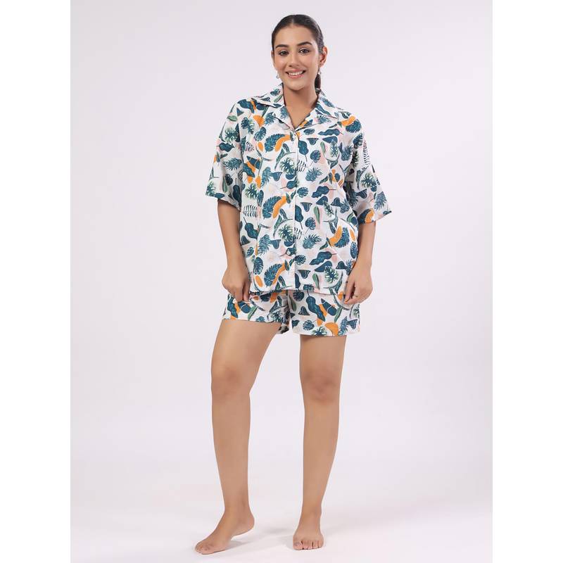 SANSKRUTIHOMES Off White Floral Regular Shirt and Shorts (3XL)