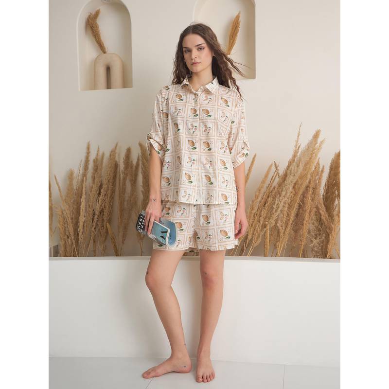SANSKRUTIHOMES Cream Printed Regular Shirt and Shorts (XS)
