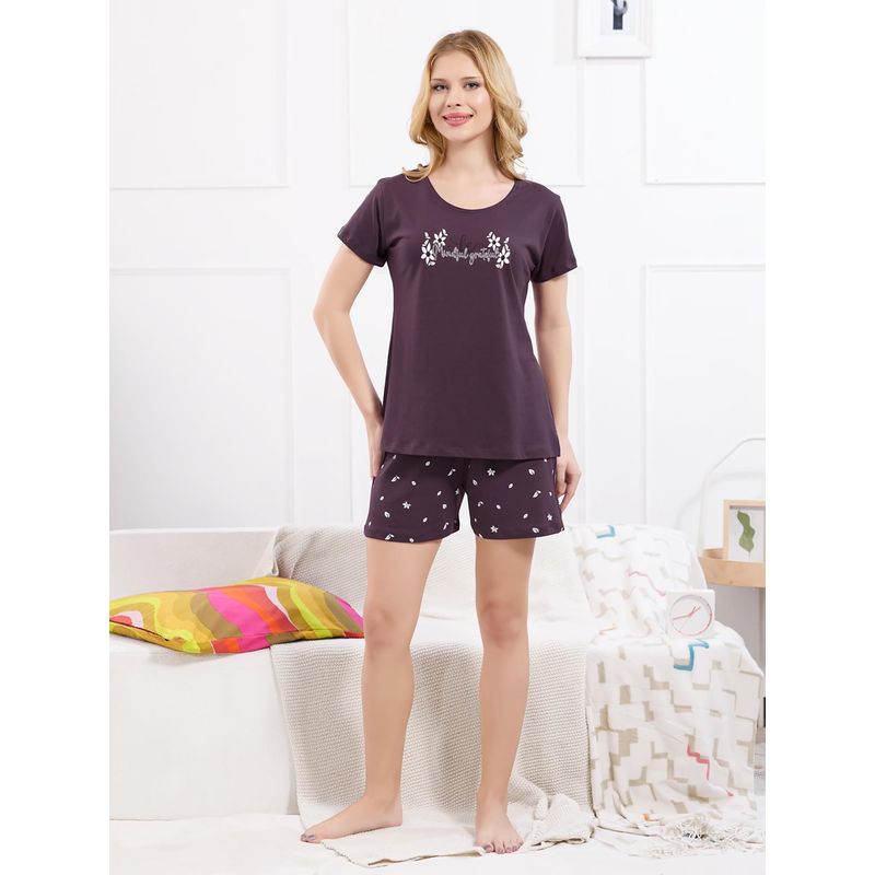 Quira Mauve Printed Regular T-Shirt and Shorts (S)