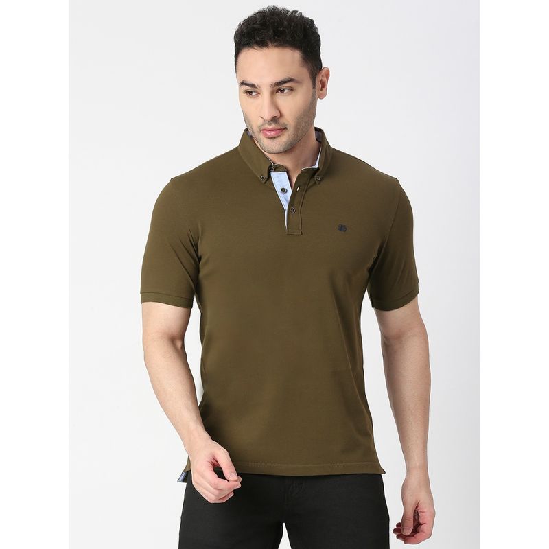 Dragon Hill Half Sleeves Olive Cotton Lycra Button Down Polo T-Shirt (3XL)