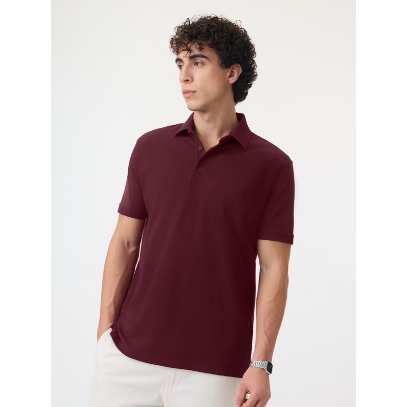 The Souled Store Pique Polo: Sangria Men Textured Polo T-Shirt (S)