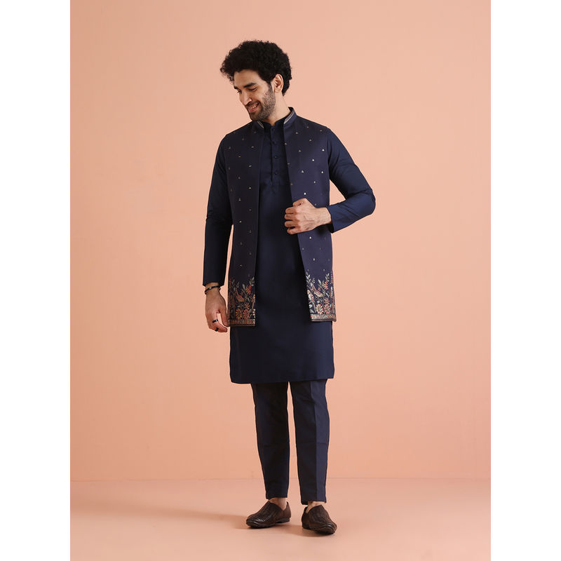 KISAH Navy Blue Cotton Blend Embroidered Kurta with Jacket & Trouser (Set of 3) (44)