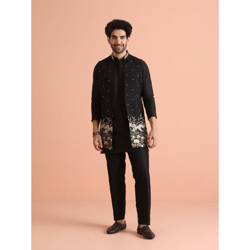 KISAH Black Cotton Blend Embroidered Kurta with Jacket & Trouser (Set of 3) (44)