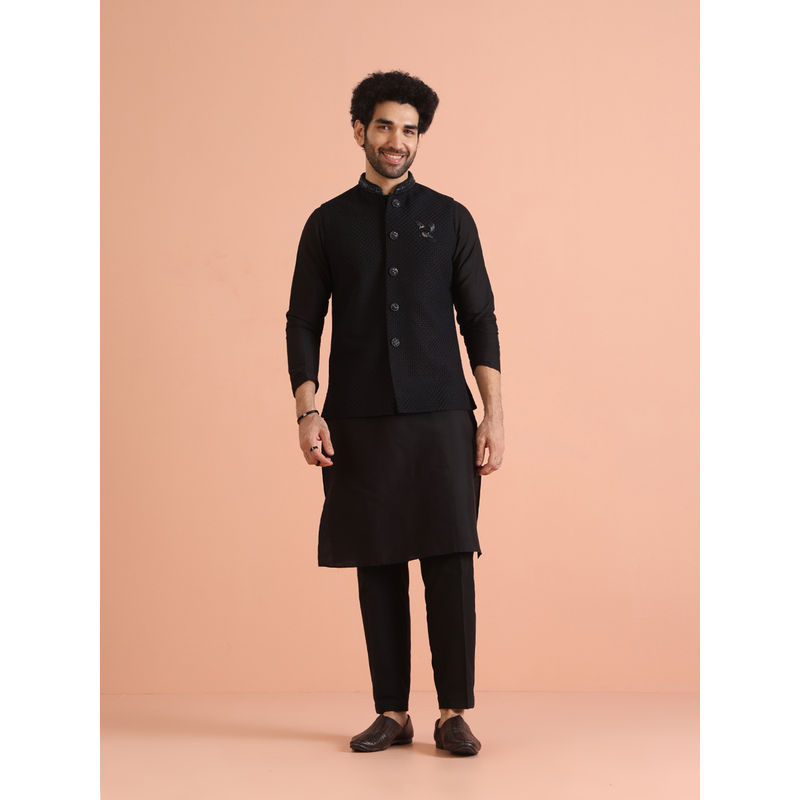 KISAH Black Cotton Blend Embroidered Kurta with Jacket & Trouser (Set of 3) (38)