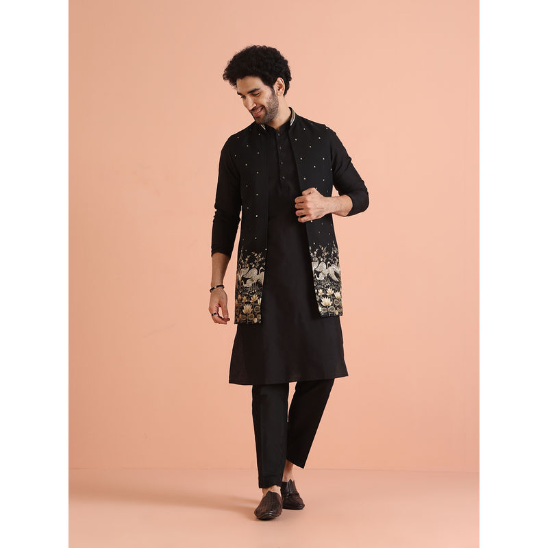 KISAH Black Cotton Blend Embroidered Kurta with Jacket & Trouser (Set of 3) (44)