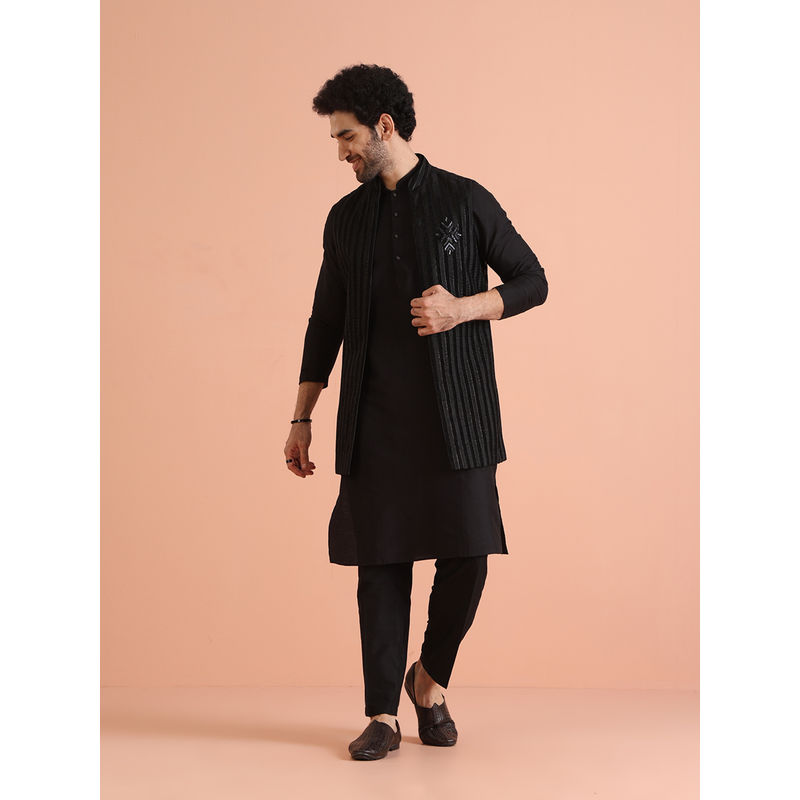 KISAH Black Cotton Blend Solid Kurta with Jacket & Trouser (Set of 3) (38)