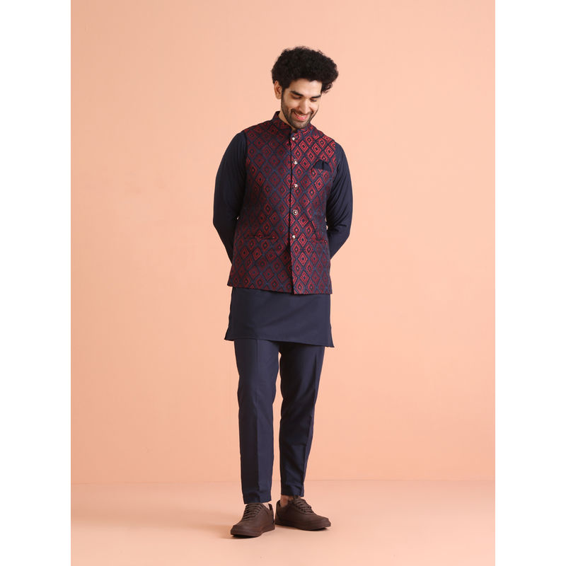 KISAH Navy Blue Silk Blend Woven Design Kurta with Jacket & Trouser (Set of 3) (38)