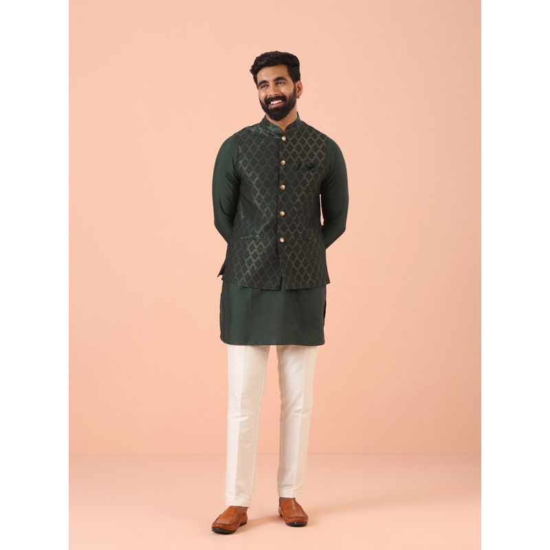 KISAH Green Silk Blend Self Design Kurta with Jacket & Trouser (Set of 3) (40)